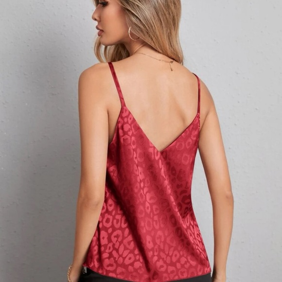 V neck cami tank top jacquard leopard print satin light blue - Picture 5 of 12